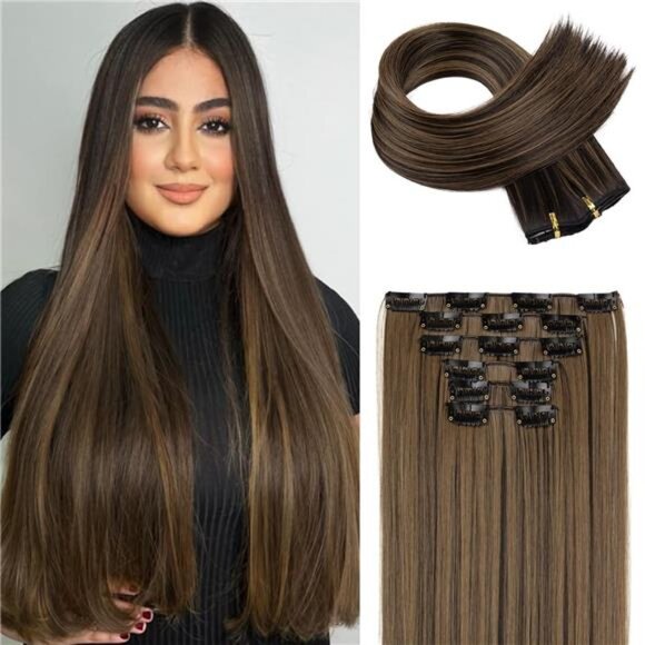 6PC Clip in Hair Extensions Black Brown Highlight